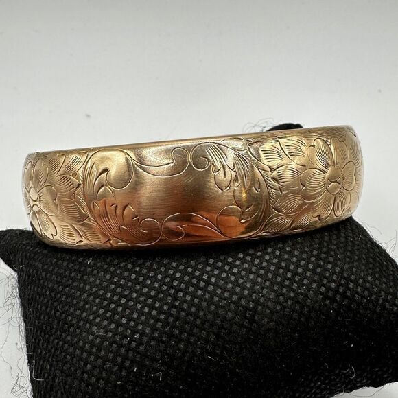 1950s Victorian Revival Etched Floral Gold filled clamper cuff bracelet, FMCO! - Picture 1 of 10